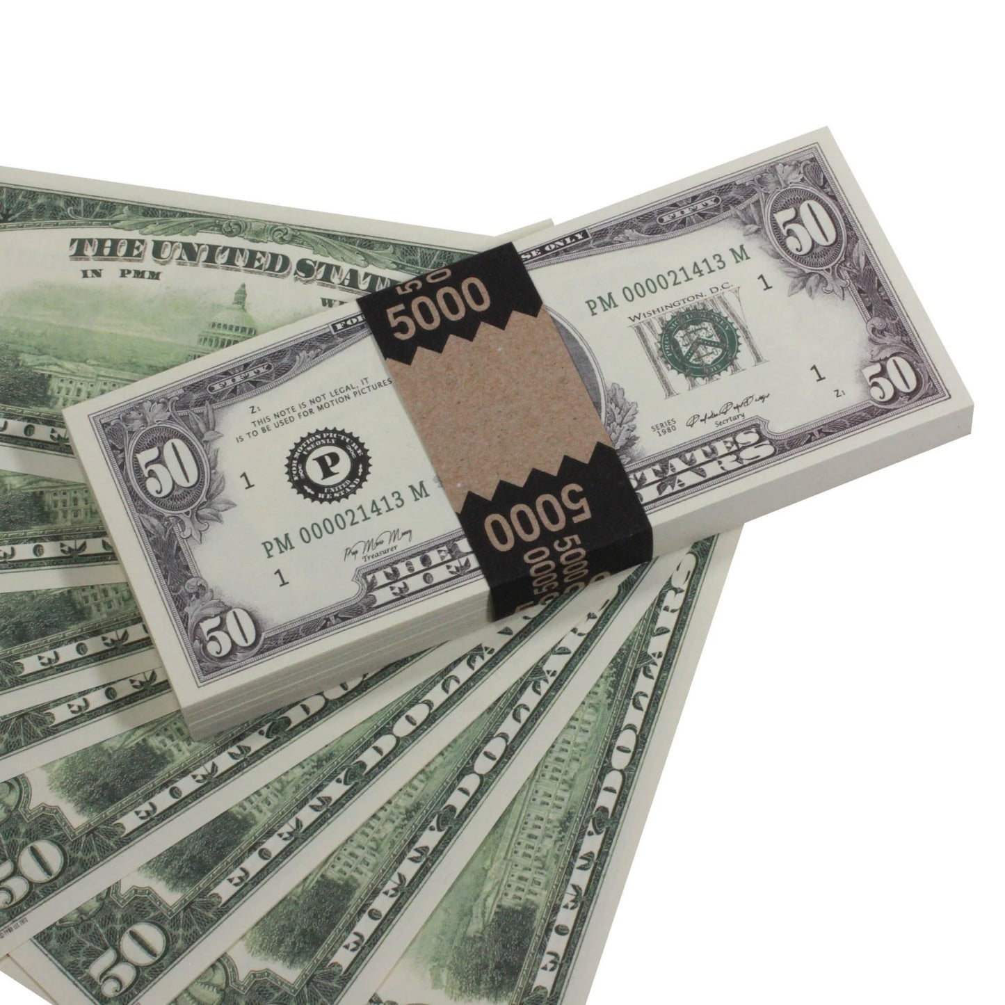 1980s Series $50 Full Print Prop Money Stack with Brown Bank Strap