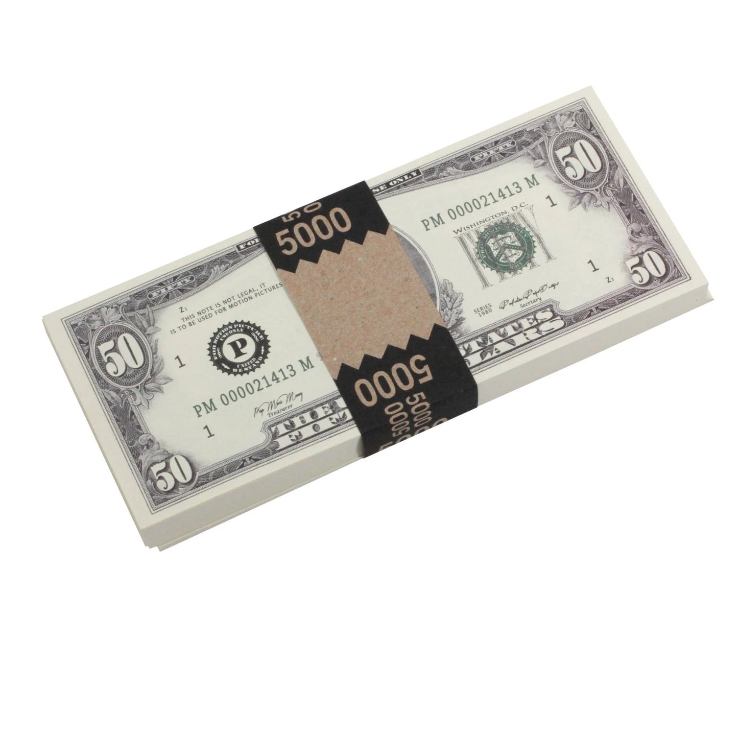 1980s Series $50 Full Print Prop Money Stack with Brown Bank Strap