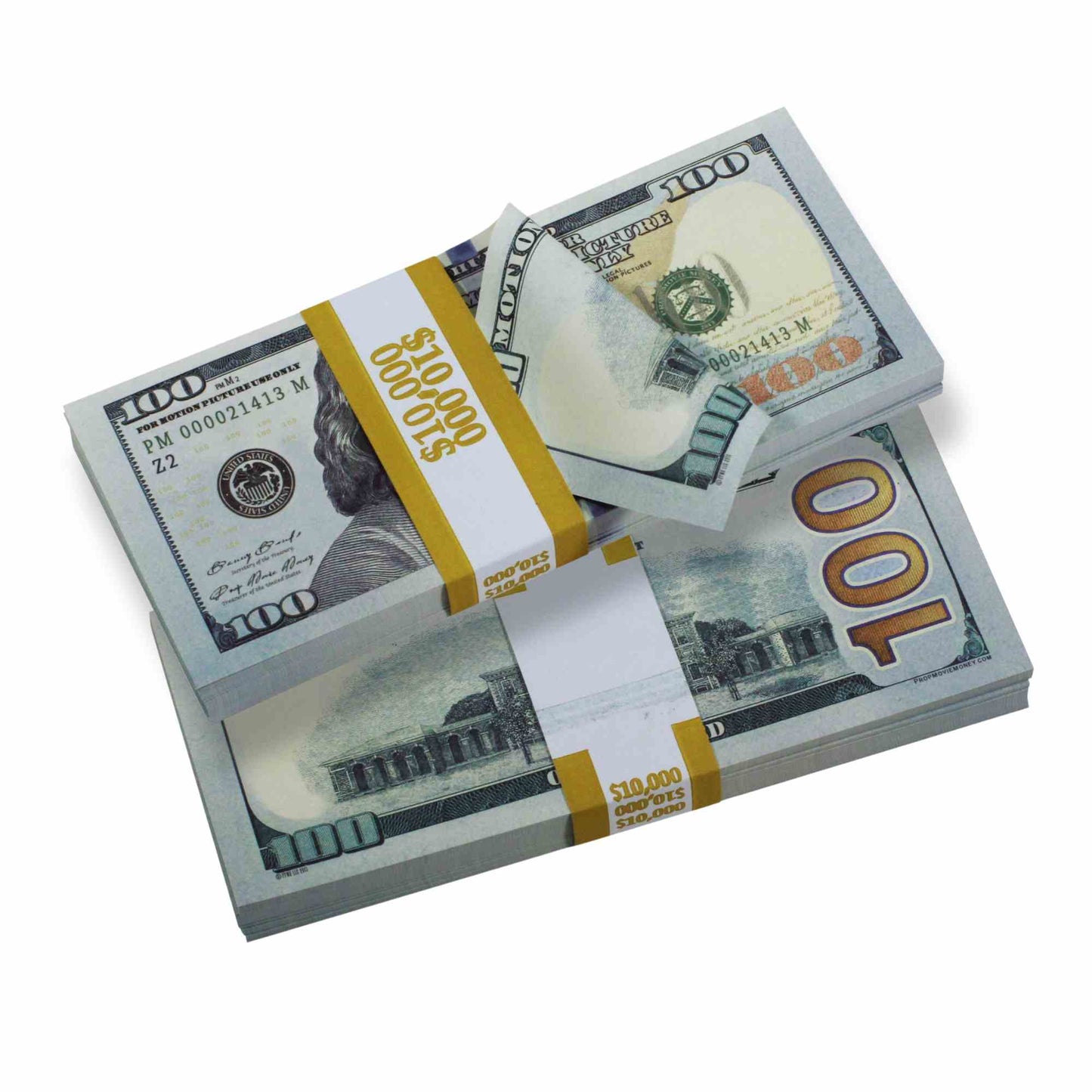 Prop Movie Fx BOGO Deal: New Series $10,000 & $100 Full Print Prop Money Stacks for Film & TV