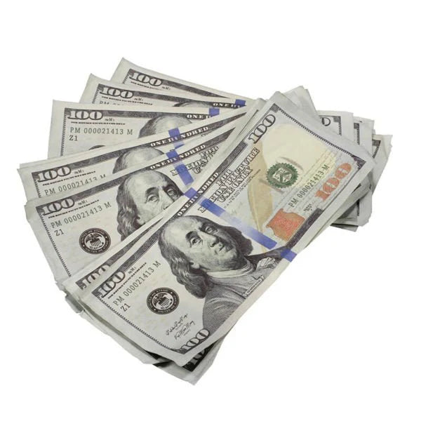 Aged Look $100 Full Print Prop Money Stack Set – $250,000 (25 Stacks)