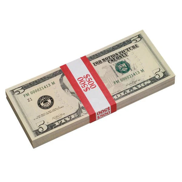New Style $5 Full Print Prop Money Stack (100 Bills)