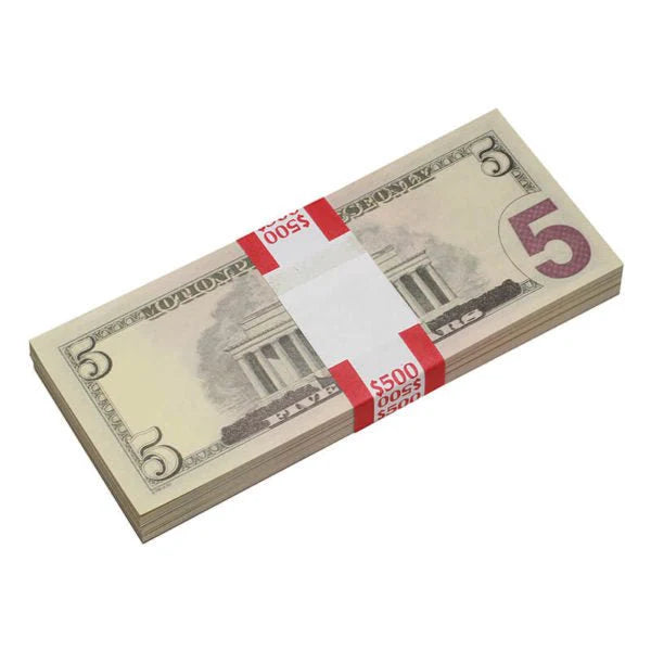New Style $5 Full Print Prop Money Stack (100 Bills)