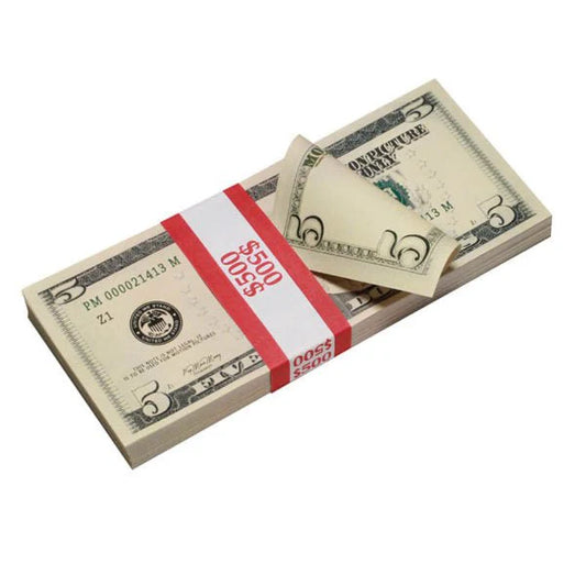 New Style $5 Full Print Prop Money Stack (100 Bills)