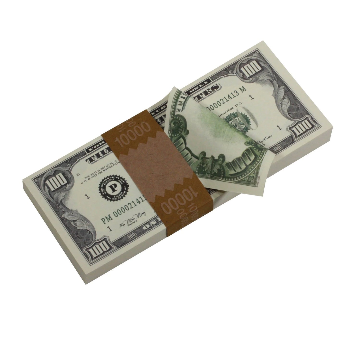 1980s Series $100 Full Print Prop Money Stack with Brown Bank Strap