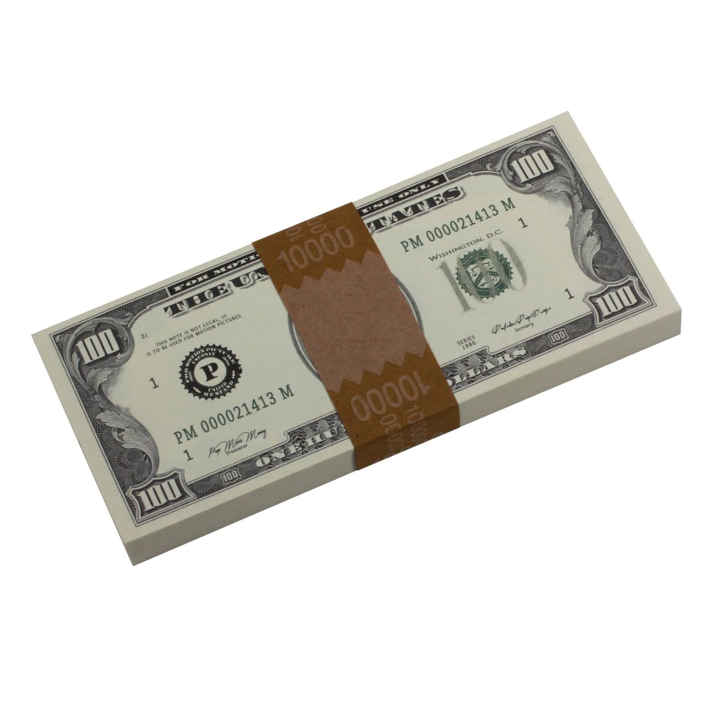 1980s Series $100 Full Print Prop Money Stack with Brown Bank Strap