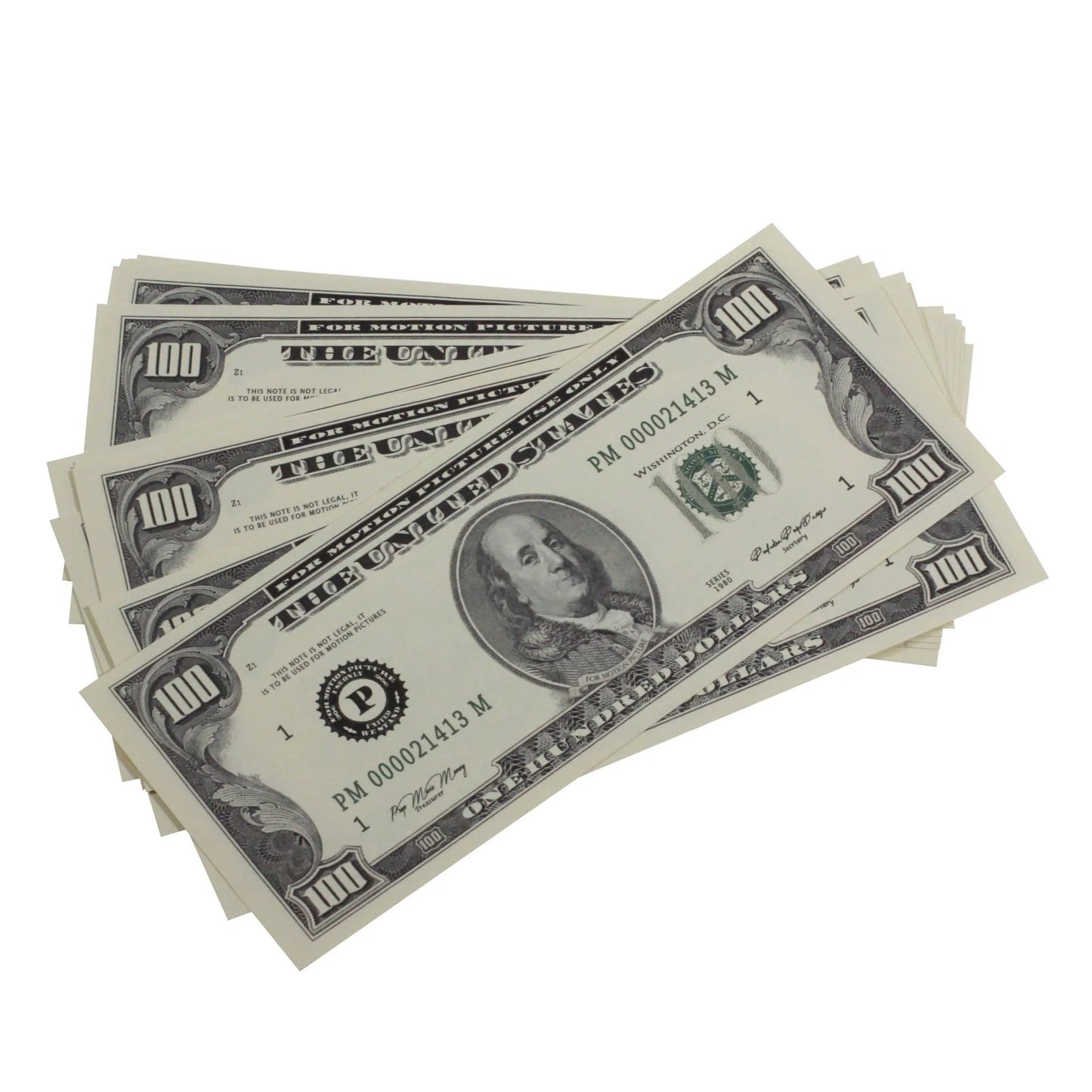 1980s Series $100 Full Print Prop Money Stack with Brown Bank Strap