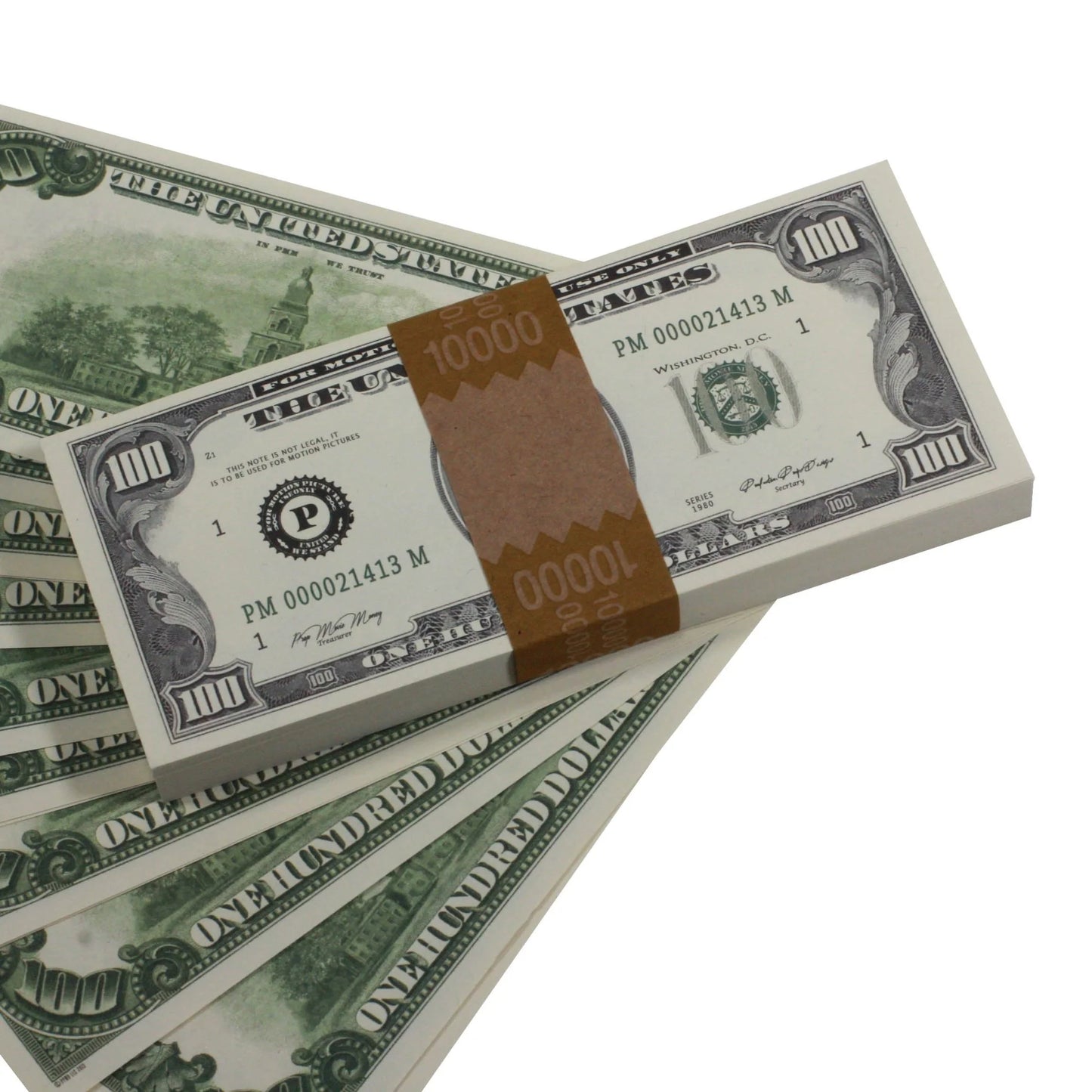 1980s Series $100 Full Print Prop Money Stack with Brown Bank Strap