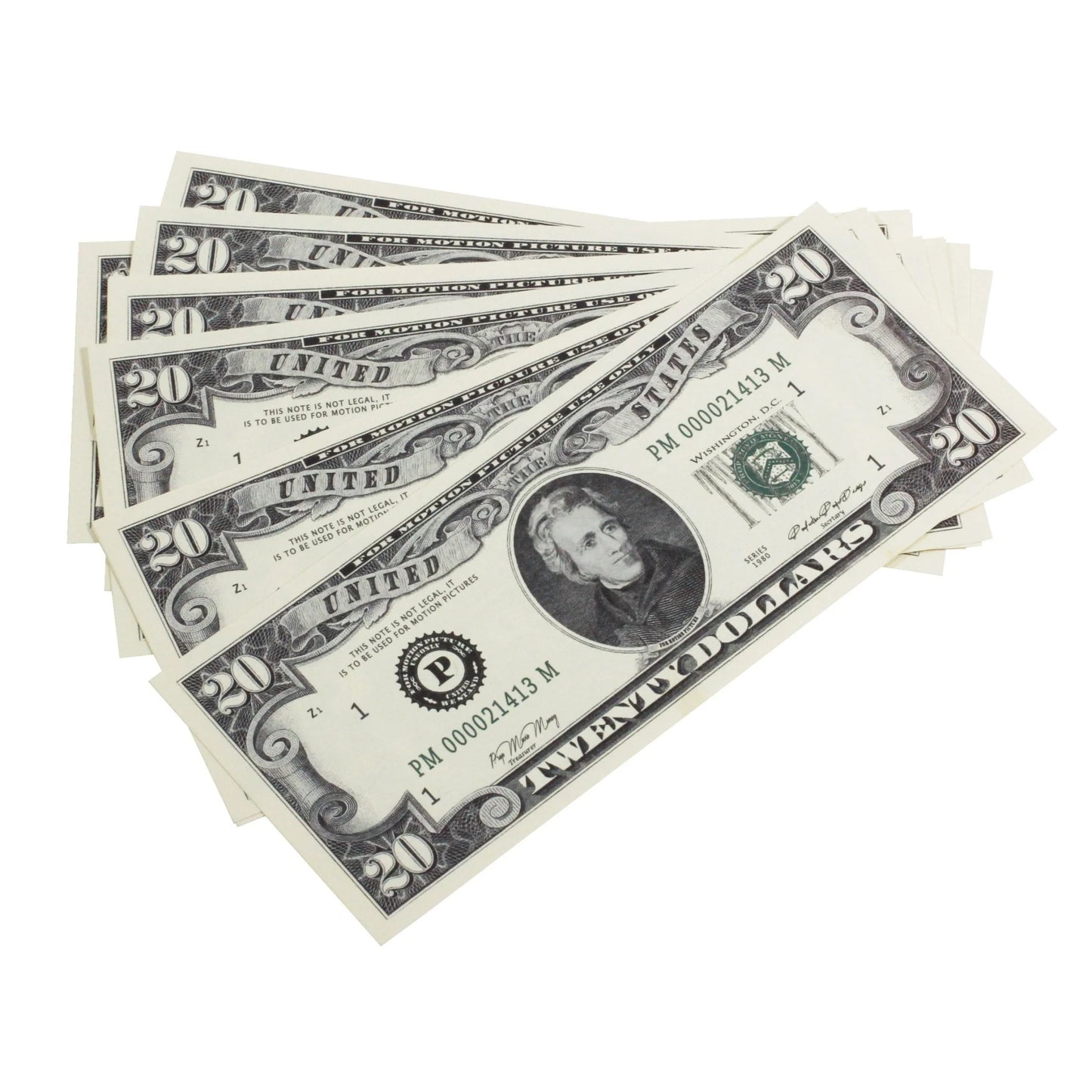 1980s Series $20 Full Print Prop Money Stack with Brown Bank Strap