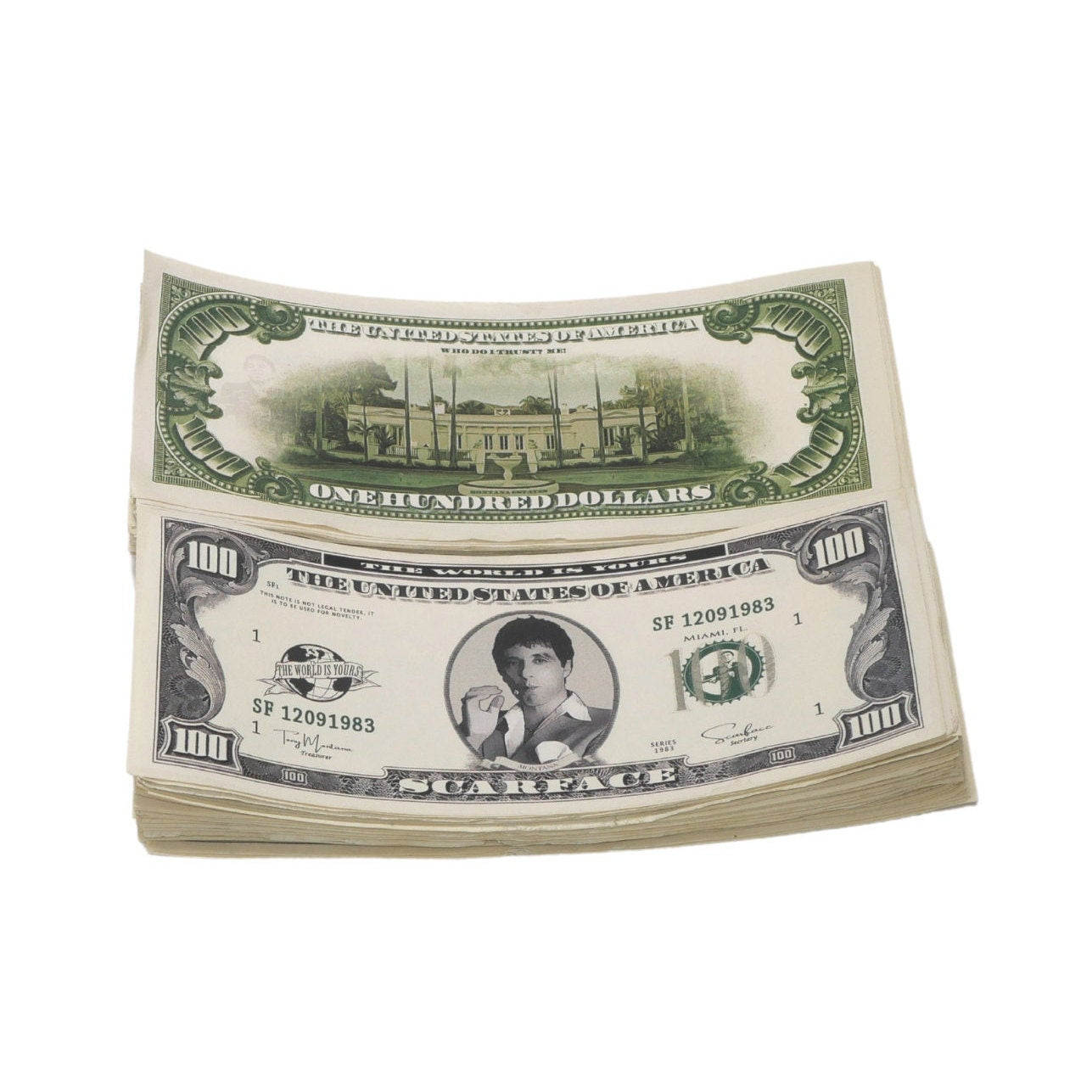 Scarface Aged Money Stack | 1980 Series 100 Novelty Money | Full Print Fake Custom Prop Money